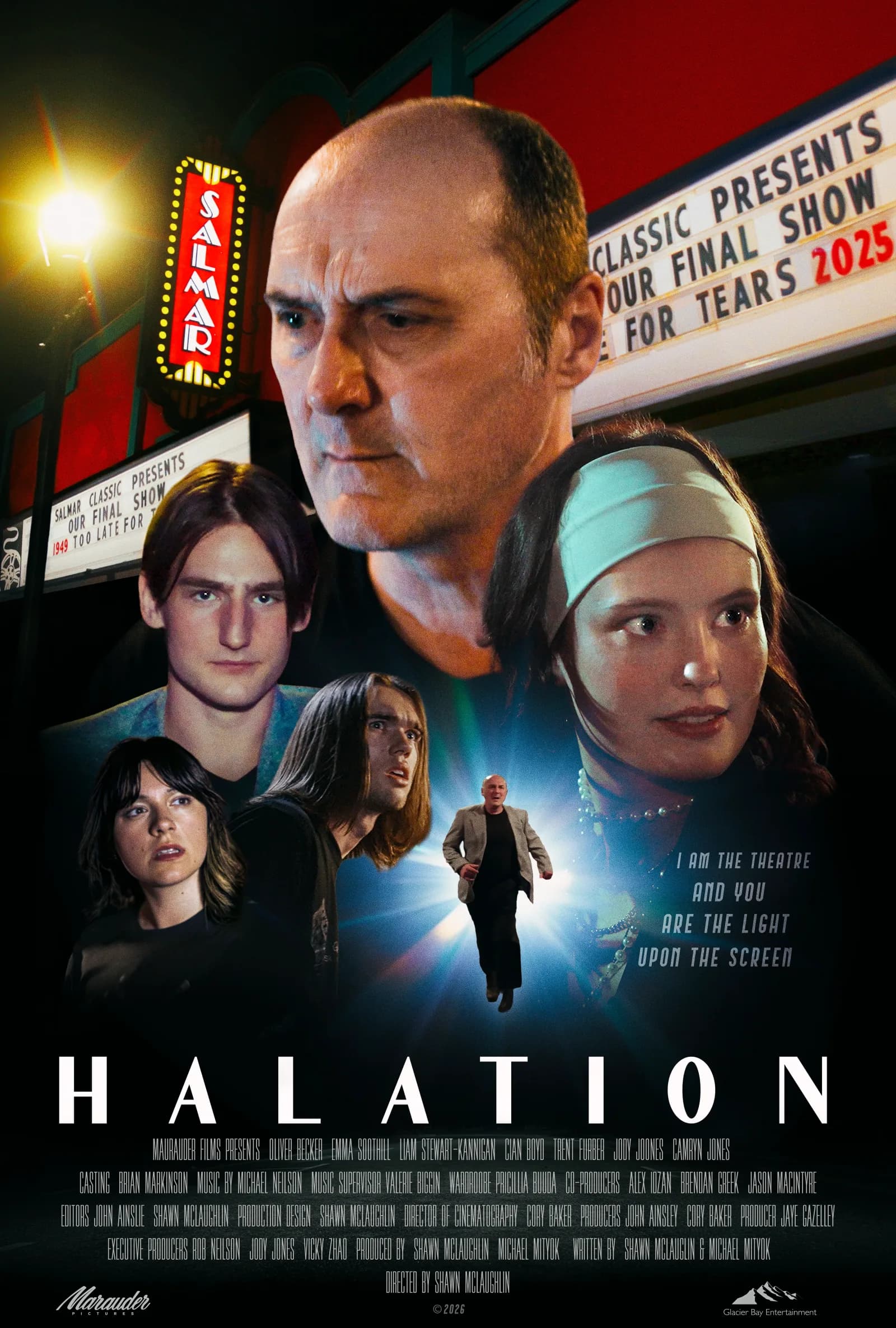 HALATION poster: the cast above the Salmar Classic marquee, lit by a projector beam