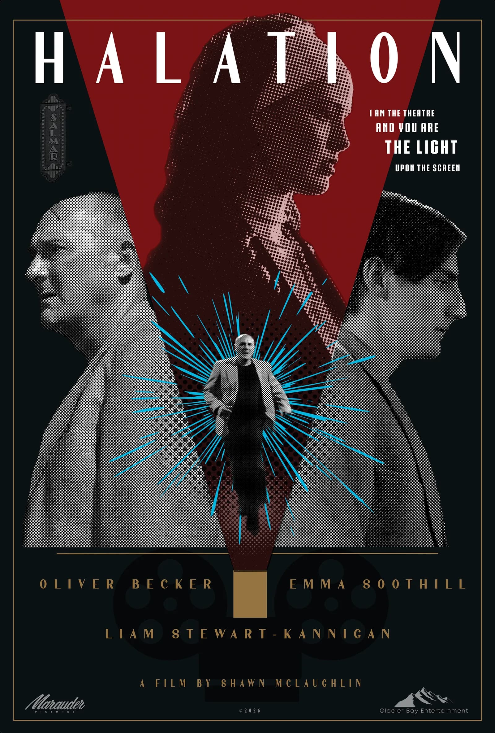 HALATION teaser poster: Ben in a starburst beneath a red projector beam