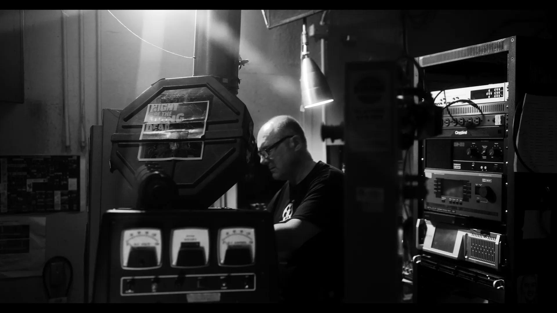 The projection booth in black and white